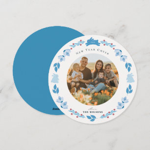 Blue Bunny Folk Art New Year Holiday Photo Card Feestdagenkaart