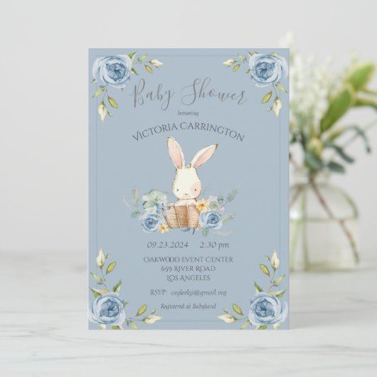 Blue Bunny Rabbit Boy Baby shower Invitation Kaart (Staand voorkant)