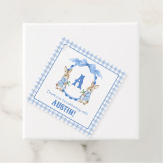 Blue Bunny Rabbit Gingham Monogram Crest Bedankjes Labels