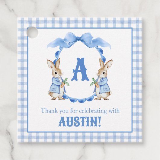 Blue Bunny Rabbit Gingham Monogram Crest Bedankjes Labels (Voorkant)