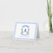 Blue Bunny Rabbit Gingham Monogram Crest Bedankkaart (Voorkant)