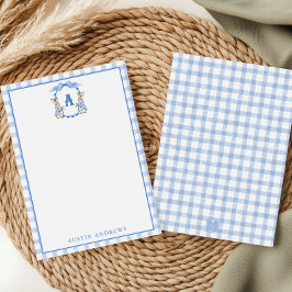 Blue Bunny Rabbit Gingham Monogram Crest Bedankkaart
