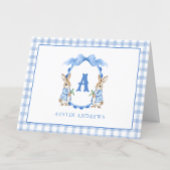 Blue Bunny Rabbit Gingham Monogram Crest Bedankkaart