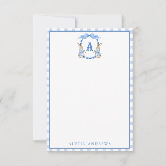 Blue Bunny Rabbit Gingham Monogram Crest Bedankkaart (Voorkant)