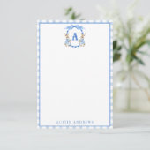 Blue Bunny Rabbit Gingham Monogram Crest Bedankkaart (Staand voorkant)