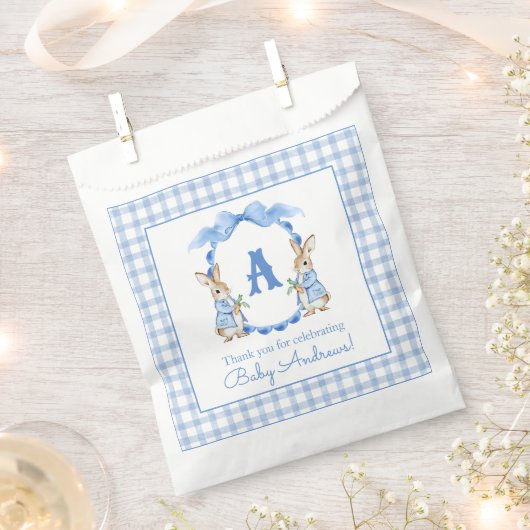 Blue Bunny Rabbit Gingham Monogram Crest Bedankzakje (Geknipt)