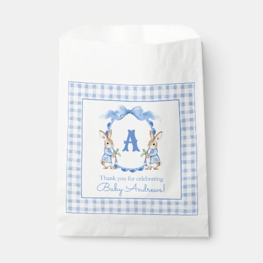 Blue Bunny Rabbit Gingham Monogram Crest Bedankzakje (Voorkant)