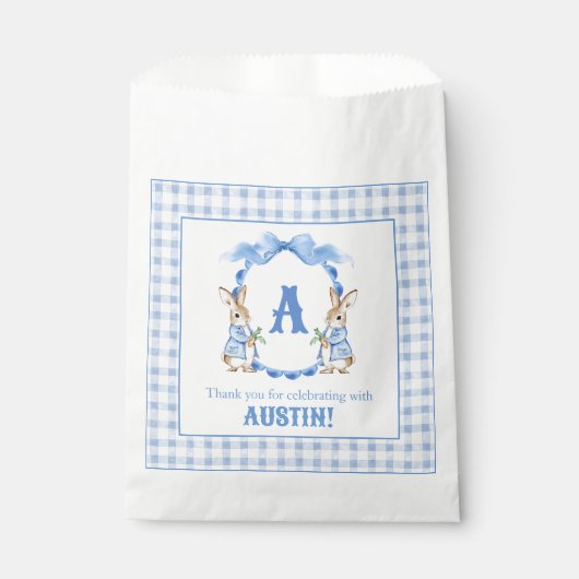 Blue Bunny Rabbit Gingham Monogram Crest Bedankzakje (Voorkant)
