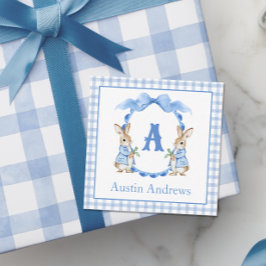 Blue Bunny Rabbit Gingham Monogram Crest Notitiekaartje