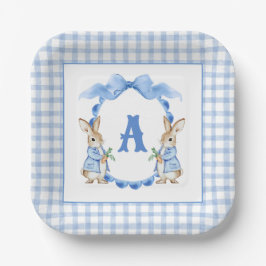 Blue Bunny Rabbit Gingham Monogram Crest Papieren Bordje