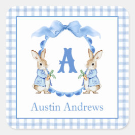 Blue Bunny Rabbit Gingham Monogram Crest Vierkante Sticker