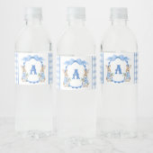 Blue Bunny Rabbit Gingham Monogram Crest Waterfles Etiket (Flessen)