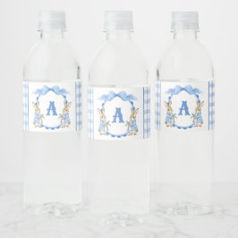 Blue Bunny Rabbit Gingham Monogram Crest Waterfles Etiket