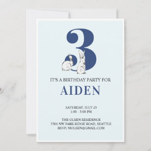 Blue Bunny Third Birthday Invitation Kaart