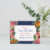 Blue Burgundy Floral Enregistrer la date Carte pos (Debout devant)