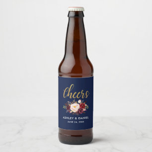 Blue Burgundy Floral Gold Wedding Cheers Bier Etiket