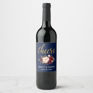 Blue Burgundy Floral Gold Wedding Cheers Wijn Etiket