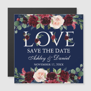 Blue Burgundy Floral Love Magnetic Save the Date