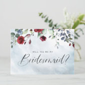 Blue Burgundy Floral Waterverf Script Bridesmaid Kaart (Staand voorkant)