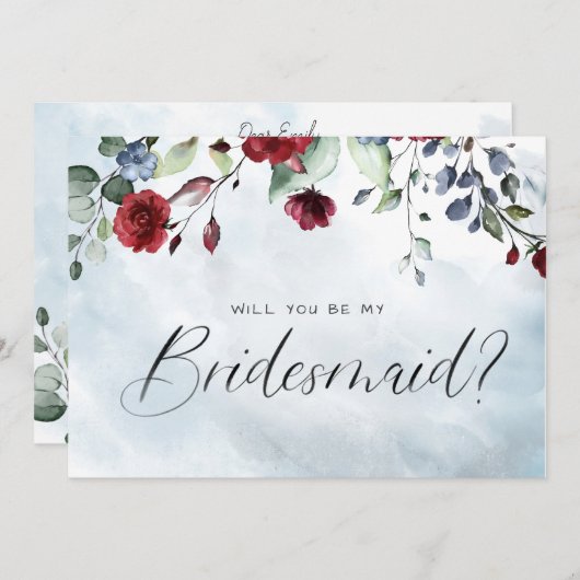 Blue Burgundy Floral Waterverf Script Bridesmaid Kaart (Voorkant / Achterkant)