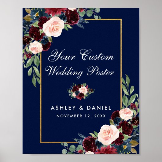 Blue Burgundy Gold Floral Wedding Custom Poster (Voorkant)