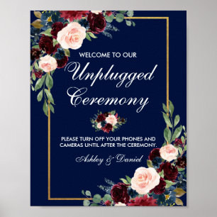 Blue Burgundy Gold Floral Wedding Unplugging Poster