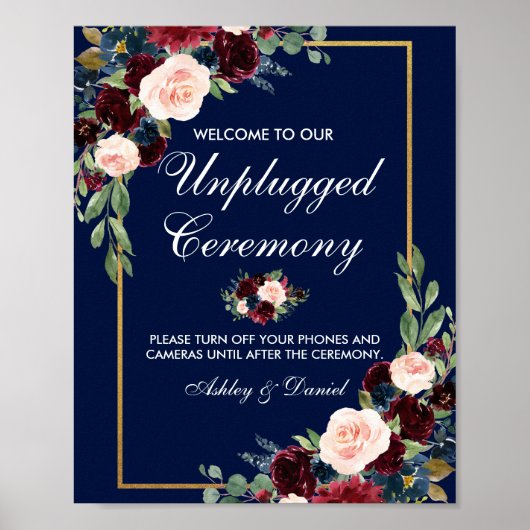 Blue Burgundy Gold Floral Wedding Unplugging Poster (Voorkant)