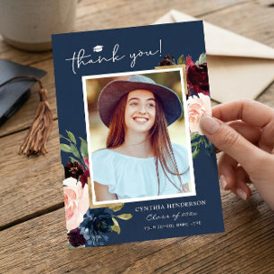 Blue Burgundy Red Blush Floral Afstuderen Foto Bedankkaart