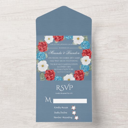 Blue Burgundy White Waterverf Peony Wedding All In One Uitnodiging (Binnen)