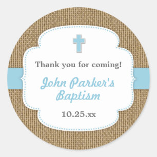 Blue Burlap cross boy doop gunst sticker