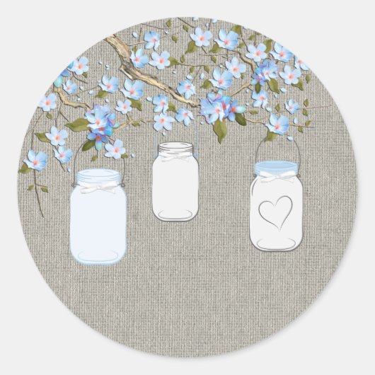 Blue Burlap Mason Jar Ronde Sticker (Voorkant)