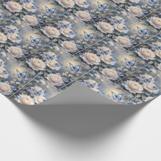 Blue Butterflies in a White Rose Garden Cadeaupapier (Hoek)