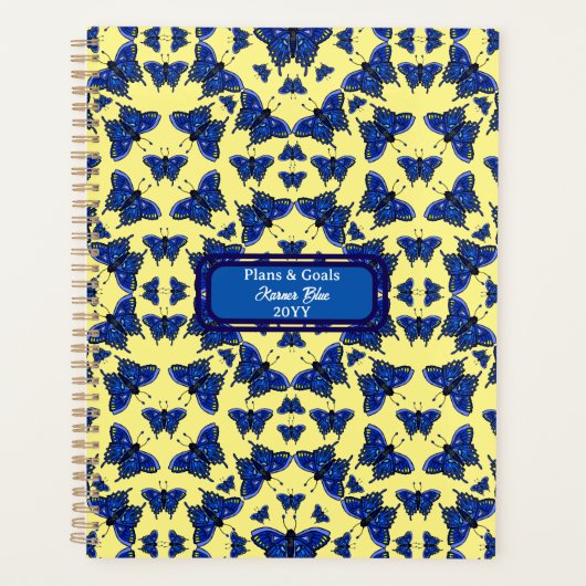 Blue Butterflies in Fun Playful Pattern on Yelow Planner (Voorkant)