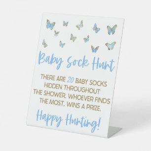 Blue Butterfly Baby Sock Hunt Baby shower Game Reclamebord Met Voetstuk