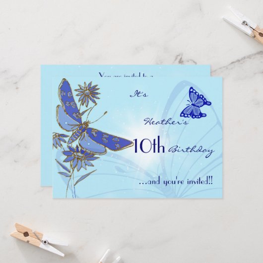 Blue Butterfly Birthday Invitation Kaart (Voorkant / Achterkant in situ)