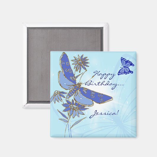 Blue Butterfly Birthday Magnet Magneet (Voorkant / Achterkant)