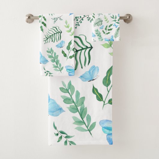 Blue Butterfly Botanical Greenery Waterverf Bad Handdoek (Insitu)