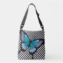Blue Butterfly Classic Checker Cross Body Canvas t Crossbody Tas