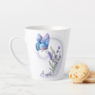 Blue Butterfly en Lavender Personalized Latte Mok