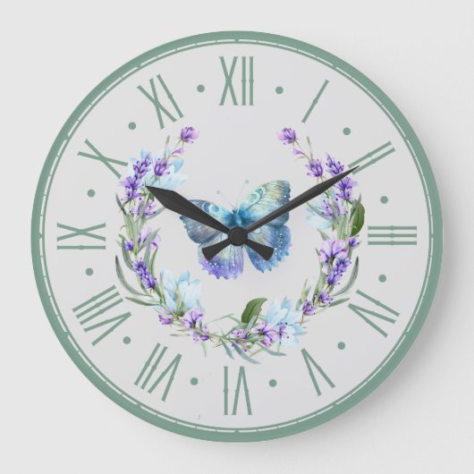 Blue Butterfly en Lavender Wall Clock Grote Klok (Voorkant)