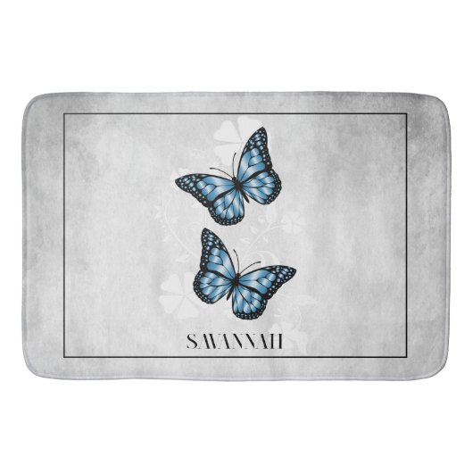 Blue Butterfly Floral Personalized Bath Mat (Voorkant)