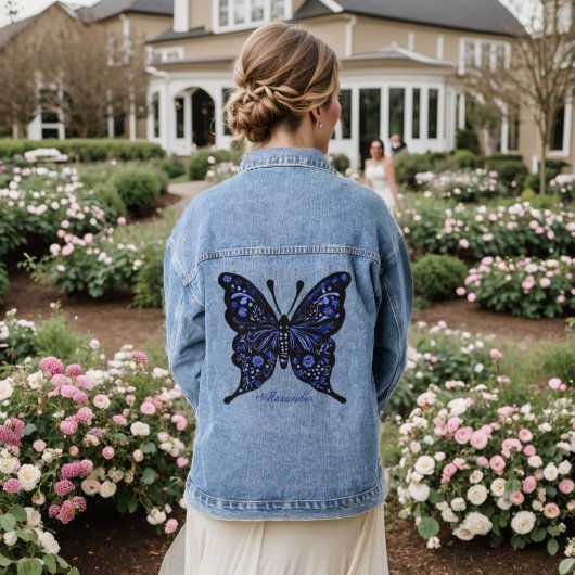 Blue Butterfly Folk Art gepersonaliseerd Denim Jacket (Huwelijk Achterkant)