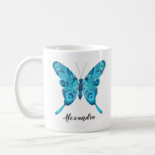 Blue Butterfly Illustration Custom Name 11oz Mok (Links)