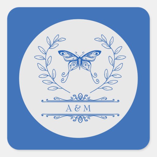 Blue Butterfly Monogrammed Wedding Sticker (Voorkant)