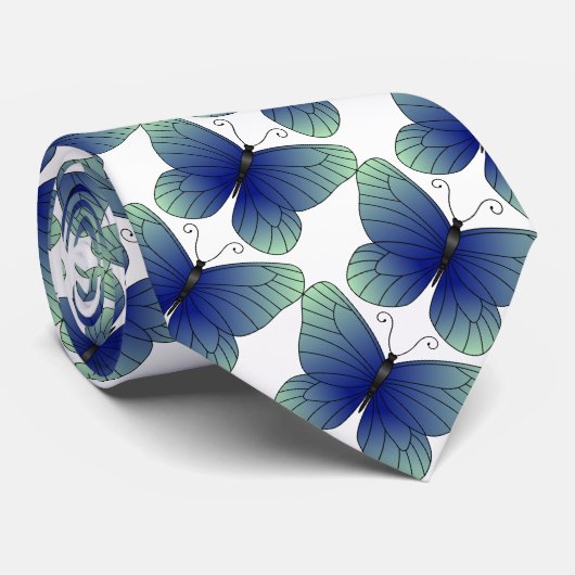Blue Butterfly Pattern Necktie Stropdas (Opgerold)