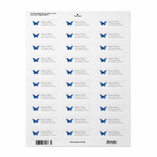 Blue Butterfly Return Address Label (Full Sheet)