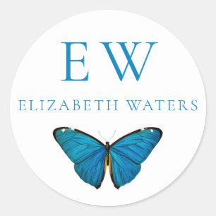 BLUE BUTTERFLY ROND CUSTOM NAME STICKER