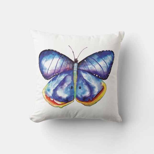 Blue Butterfly Waterverf Throw Cushion Kussen (Voorkant)