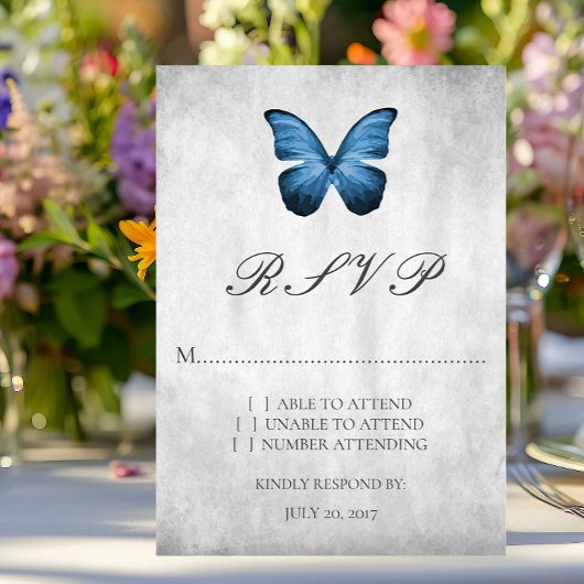Blue Butterfly Wedding RSVP Kaart
