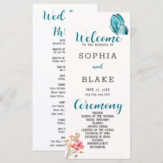  Blue Butterfly White Wedding Programme (Voorkant / Achterkant)